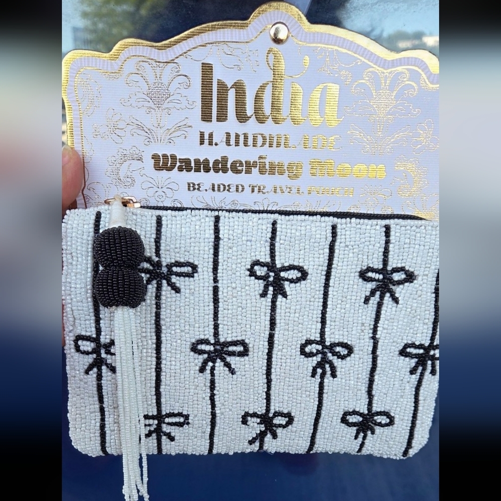Wandering Moon Beaded Bow Pouch Bag Black &White with Tassel NWT